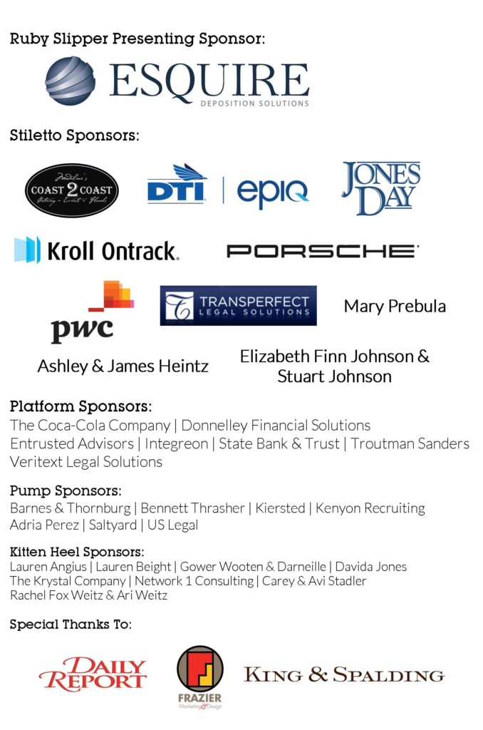 Sponsor logos and names from various legal and corporate entities arranged in a grid format. Includes companies like Esquire, Porsche, Coca-Cola, and King & Spalding, among others.