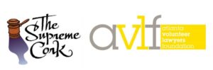 Logos of "The Supreme Cork" featuring a cork and gavel, and "AVLF Atlanta Volunteer Lawyers Foundation" with the initials in large letters and the full name on a yellow background.