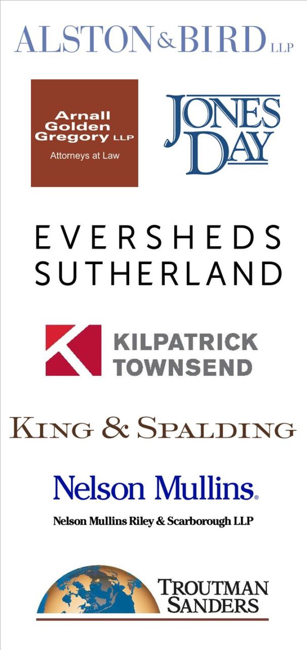 Image showing various law firm logos: Alston & Bird LLP, Arnall Golden Gregory LLP, Jones Day, Eversheds Sutherland, Kilpatrick Townsend, King & Spalding, Nelson Mullins Riley & Scarborough LLP, and Troutman Sanders.