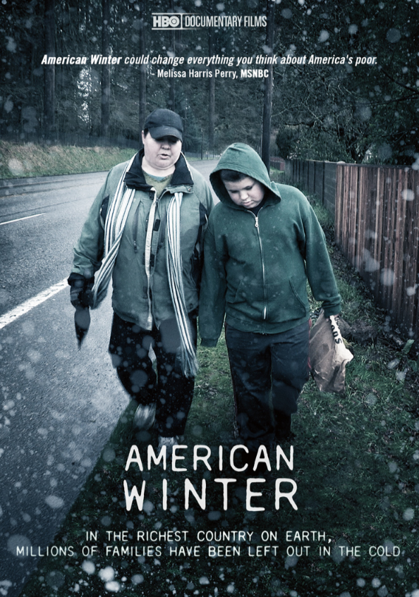 Two people in winter clothing walk along a snowy roadside, carrying bags. The text reads: "American Winter could change everything you think about America’s poor." Below, "American Winter" is in bold, with a quote on poverty in the U.S.