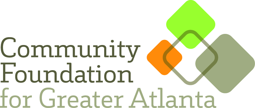 Logo for the Community Foundation for Greater Atlanta featuring the organization's name in green and orange text next to overlapping squares in light green, orange, and gray.