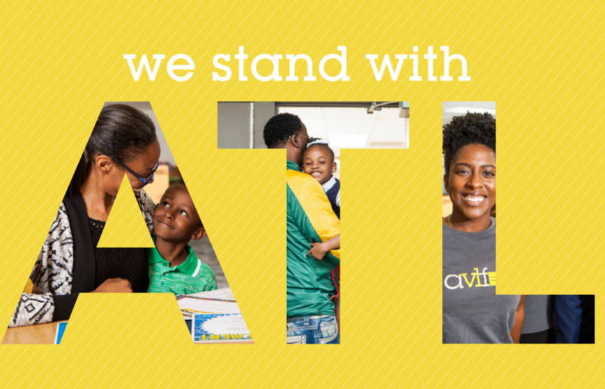 The image features the words "we stand with ATL" against a yellow background. The letters "ATL" contain images of smiling people, including a woman reading to a child, a man with a child on his back, and a woman in a gray shirt.