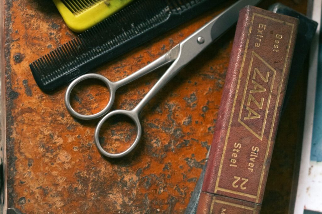 A close-up of silver scissors, a yellow comb, and a black comb on a rust-colored surface. A maroon and gold box labeled "ZAZA Silver Steel" is nearby.