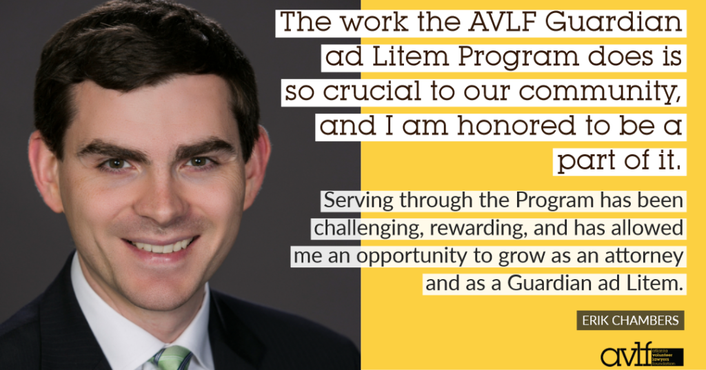 A man in a suit smiles against a dark background. Text beside him reads: "The work the AVLF Guardian ad Litem Program does is so crucial to our community, and I am honored to be a part of it. Serving through the Program has been challenging, rewarding...