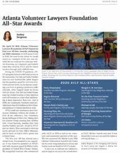 A newsletter page titled "Atlanta Volunteer Lawyers Foundation All-Star Awards" featuring photos and text. Includes images of award recipients and event hosts. Text recounts the event details, highlighting the contributions made despite COVID-19 challenges.