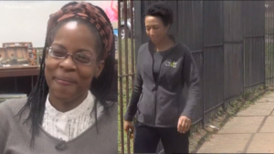 Two women are pictured in the image. On the left, a woman is indoors, wearing glasses and smiling. On the right, another woman is walking outdoors along a fence, wearing a casual jacket and holding keys.