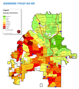 A heat map illustrating neighborhood typologies in various colors: green for stable, yellow for transitioning, orange for moderate, red for distressed. Highways and main roads are marked. A legend explains the color classifications.