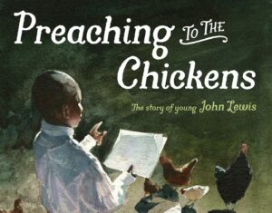 Illustration of a boy holding papers, speaking to several chickens. The text reads 