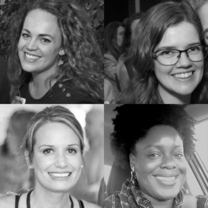 A black and white collage of four women smiling. Top left: woman with long curly hair. Top right: woman with glasses and wavy hair. Bottom left: woman with blonde hair tied back. Bottom right: woman with curly hair wearing a striped scarf.