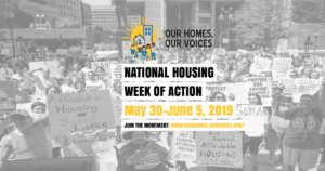 A large group of people at a rally carrying signs advocating for affordable housing. The event is the National Housing Week of Action, May 30–June 5, 2019. A website link for the movement is displayed.