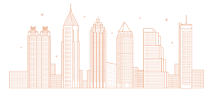 An illustration of a city skyline with various styles of tall buildings, featuring intricate architectural details. The background is dark, and stars are scattered in the sky, creating a night scene.