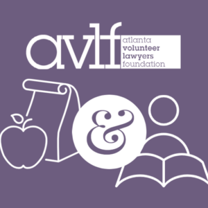 Logo of the Atlanta Volunteer Lawyers Foundation featuring a stylized apple, paper scroll, book, and person icons, with the initials 