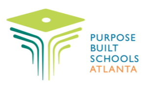 Logo for Purpose Built Schools Atlanta, featuring a stylized green and blue geometric design resembling an upward-facing arrow, with the organization's name written to the right in blue and orange text.