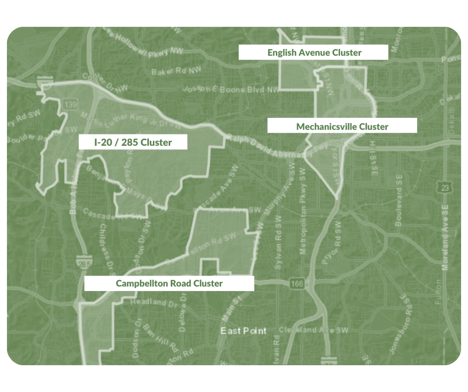 A green and white map shows four highlighted areas in a city: English Avenue Cluster, Mechanicsville Cluster, I-20 / 285 Cluster, and Campbelltown Road Cluster. Streets and roads are faintly visible in the background.