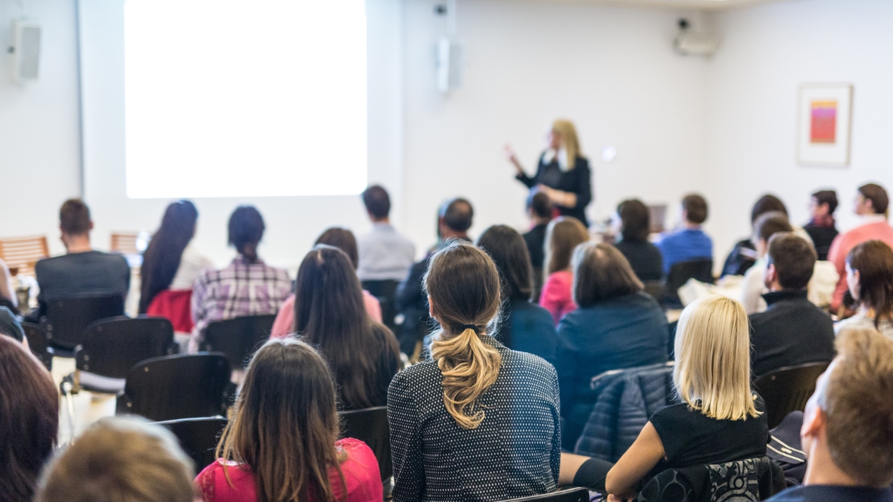 A group of people seated in a conference room facing a presenter. The presenter is standing near a screen displaying a bright, unclear image. The room is well-lit, with a minimalist decor featuring white walls and a framed picture.