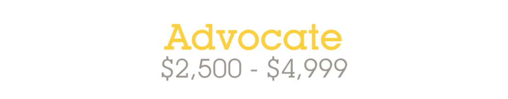 The image displays the text "Advocate" in yellow, with the monetary range "$2,500 - $4,999" in gray below it, all on a white background.