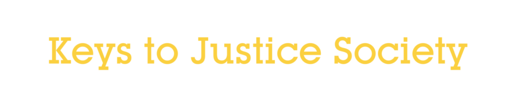 Text reading "Keys to Justice Society" in bold yellow lettering on a white background.
