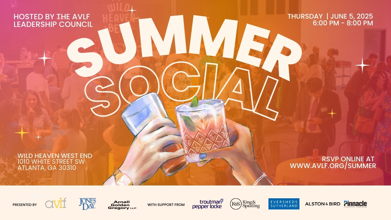 A colorful graphic for the "Summer Social" event shows two hands toasting drinks. Event details: Thursday, June 5, 2025, 6–8 PM at Wild Heaven West End, Atlanta. RSVP and sponsor logos are displayed at the bottom.