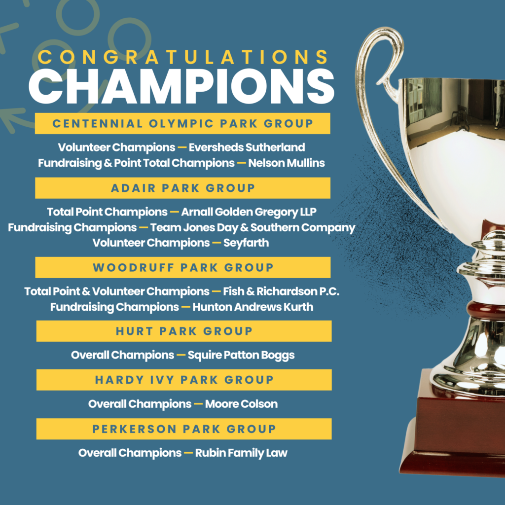 A trophy on the right with a reflection of windows. The text lists various "Champion" groups recognized for their contributions. Names on the list include Centennial Olympic Park Group, Adair Park Group, and others, with specific law firm mentions.