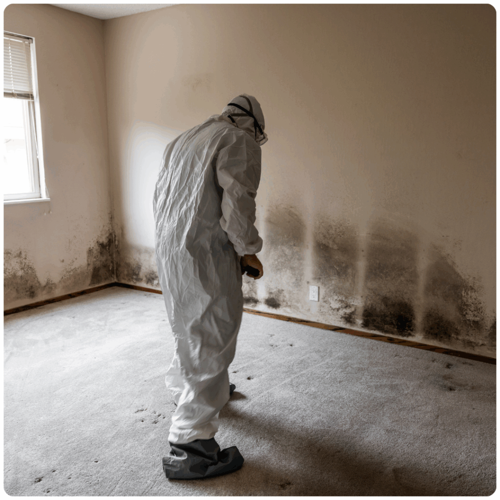 A person in full protective gear inspects a room with heavy black mold growth on the lower parts of beige walls and dirty carpet, near a window with closed blinds.