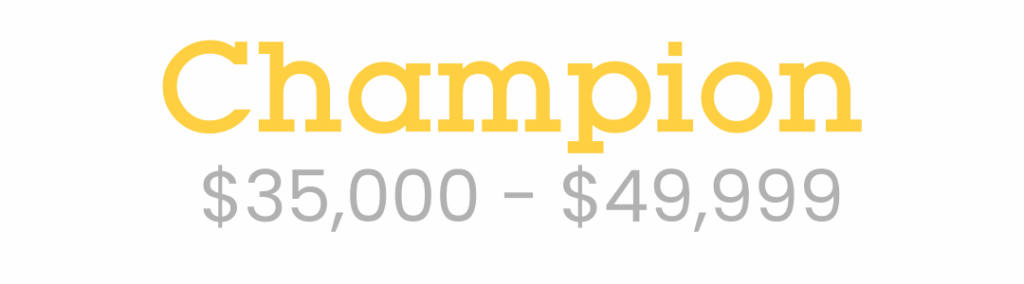 Text reads "Champion" in large yellow letters and "$35,000 - $49,999" in smaller gray letters below it.