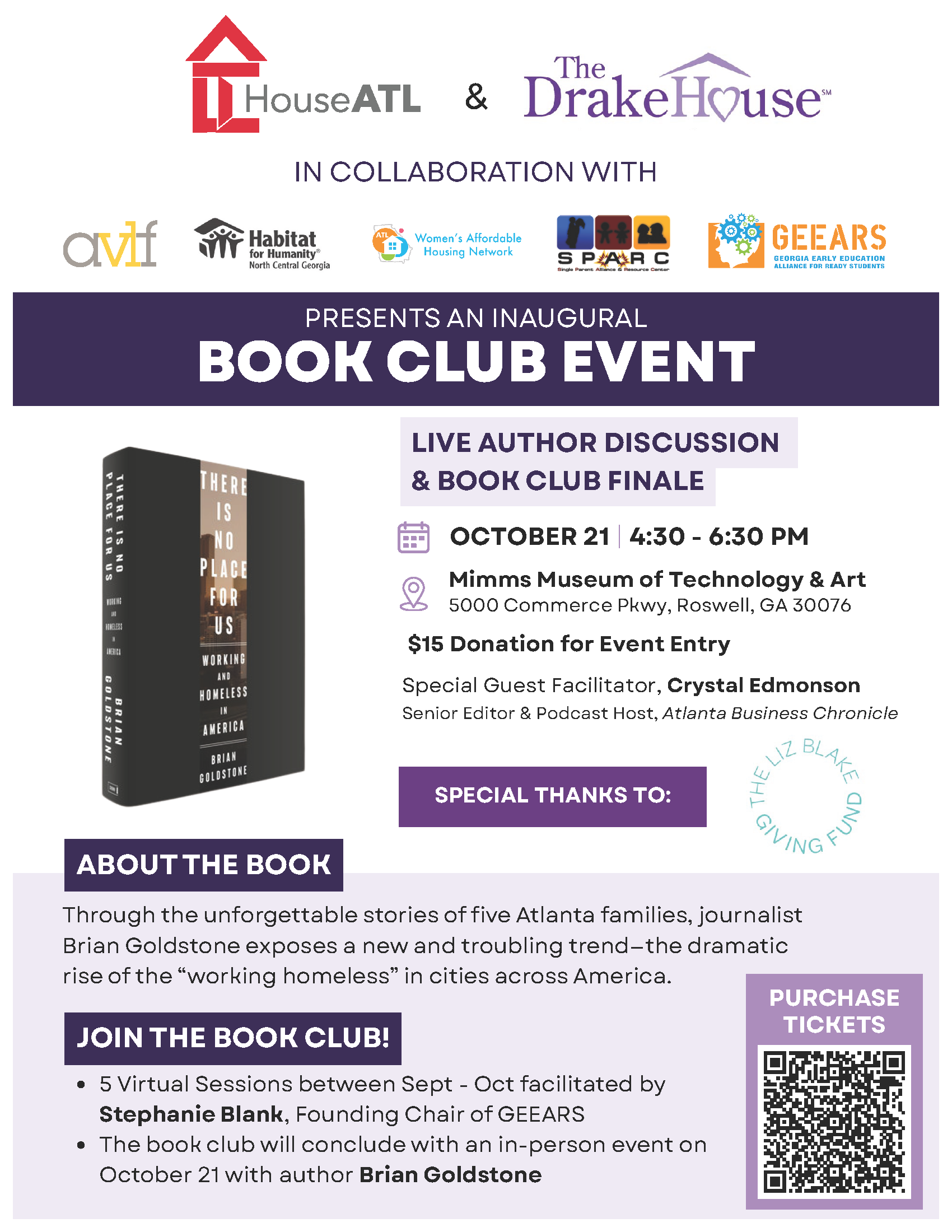 An informational flyer for a book club event hosted by HouseATL and The Drake House, featuring a discussion of “No Place Like Home” at the Mimms Museum of Technology & Art on October 21, with registration and event details.