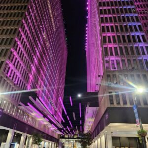 Two tall buildings with grid-like facades are lit up with pink and purple lights at night. The space between them features suspended glowing light bars, with a dark sky and a bright moon above.