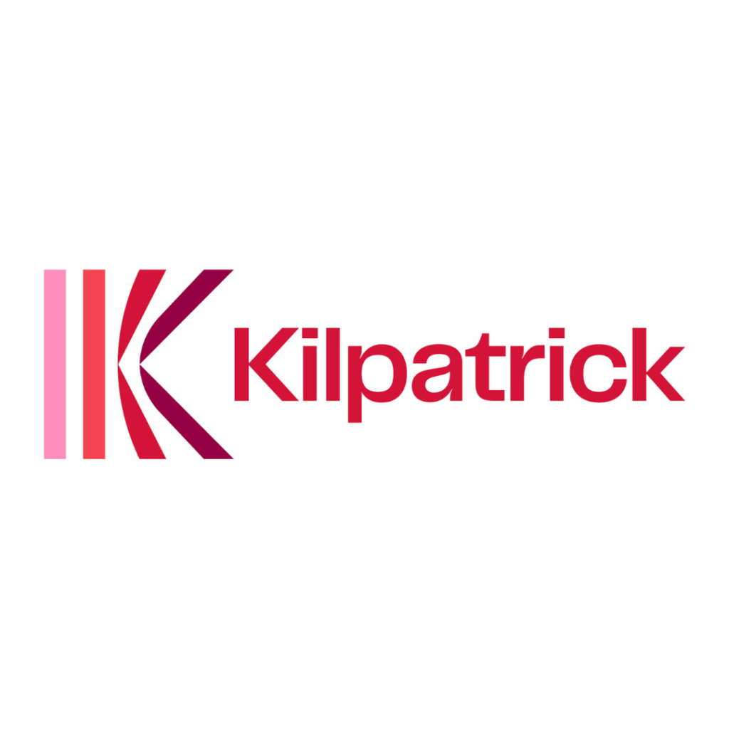 Kilpatrick logo with three vertical pink lines and a stylized letter "K" in shades of pink, followed by the word "Kilpatrick" in bold red text on a white background.