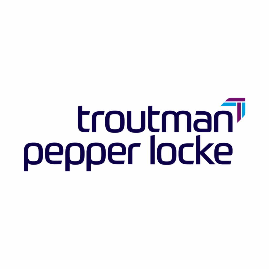 Logo with the words "troutman pepper locke" in lowercase dark blue font, and a geometric, multicolored design above the word "locke" on a white background.