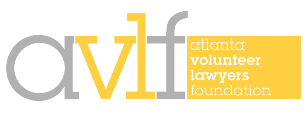 Logo for the Atlanta Volunteer Lawyers Foundation, featuring the acronym "avlf" in large gray and yellow letters, with the full name in white text on a yellow rectangle.
