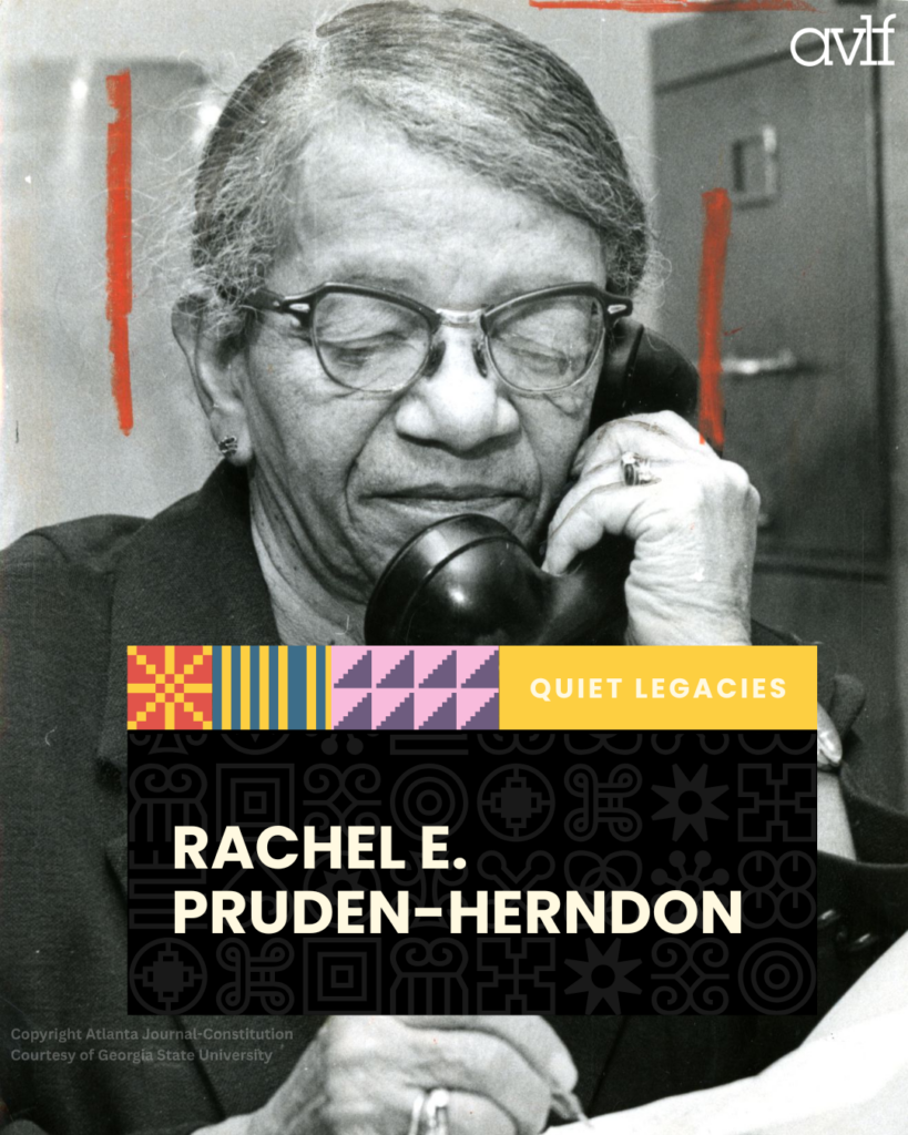 Elderly Black woman with glasses and gray hair speaks on a rotary phone. The image is overlaid with a colorful "Quiet Legacies" banner and the name "Rachel E. Pruden-Herndon.