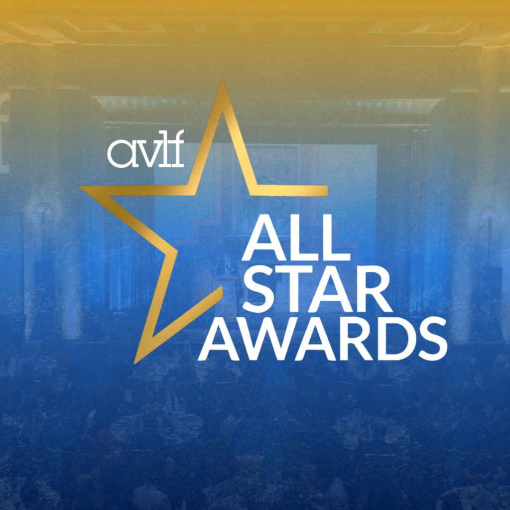 AVLF All Star Awards logo with a large gold star and bold white text over a blue and yellow gradient background showing a blurred event scene.