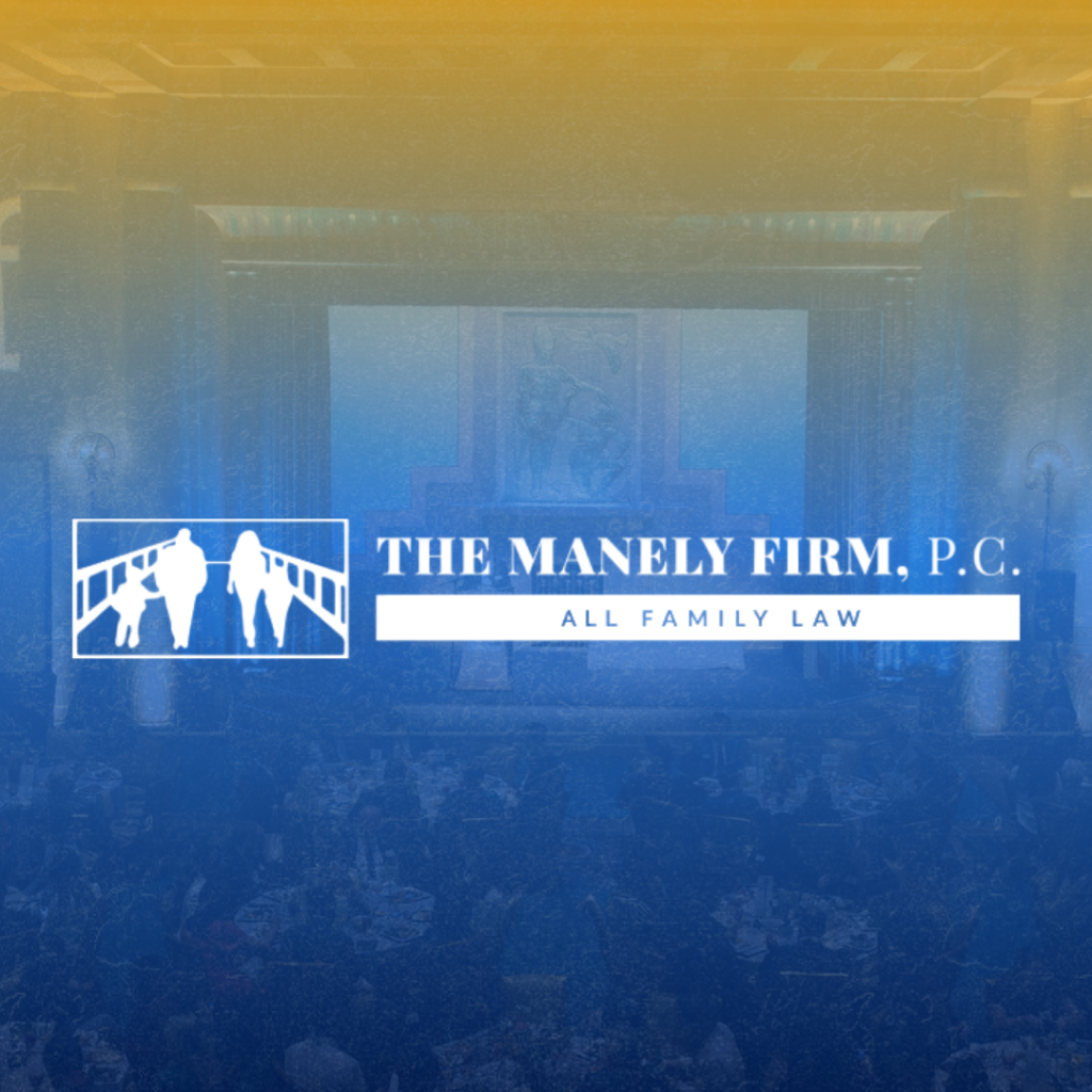 Logo for The Manely Firm, P.C., featuring silhouettes of two adults and a child on a bridge, with the tagline "All Family Law" on a gradient blue and yellow background.
